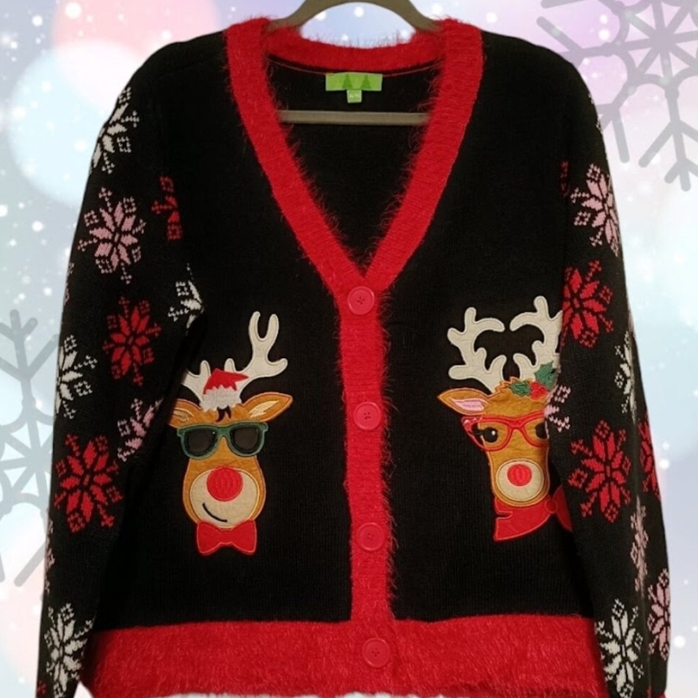 XL🎅Christmas Ugly Charming Reindeer Black & Red Cardigan Sweater - Picture 1 of 7